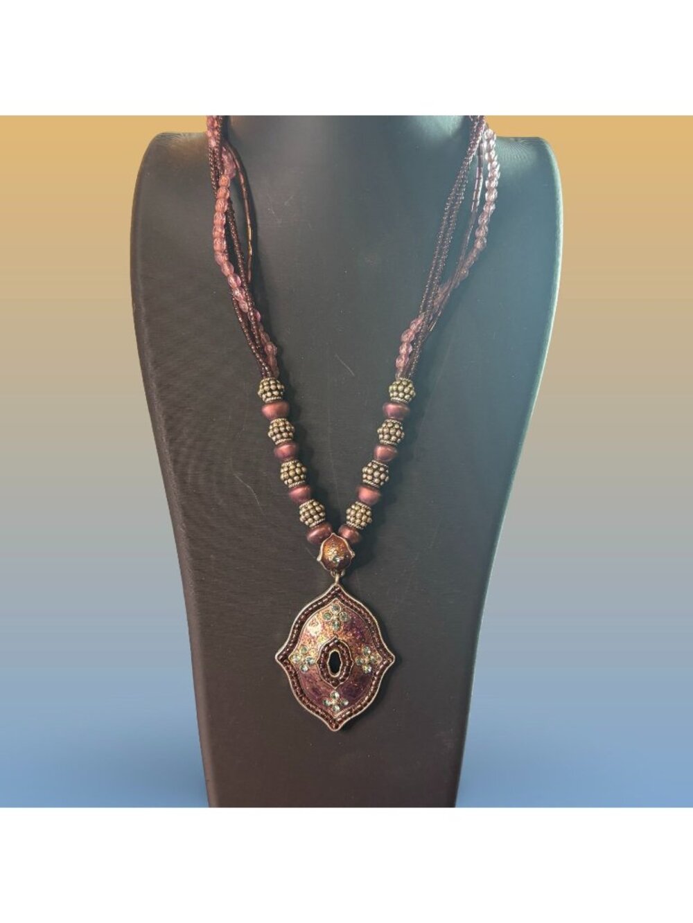 Avon Multi-Strand Beaded Necklace With Ornate Purple Enamel Rhinestone Pendant
